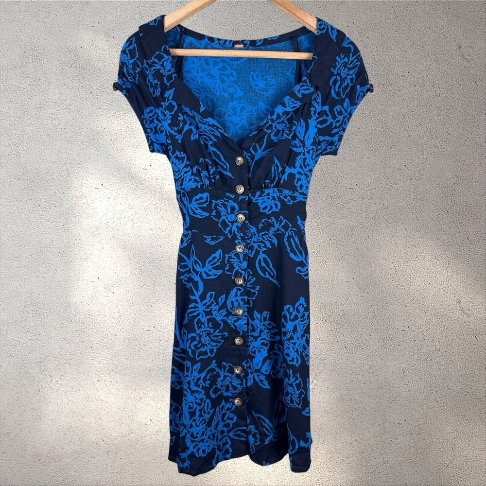 Free People A Thing Called Love Navy Linen Blend Retro Mini Dress Sz 4 - Picture 5 of 9